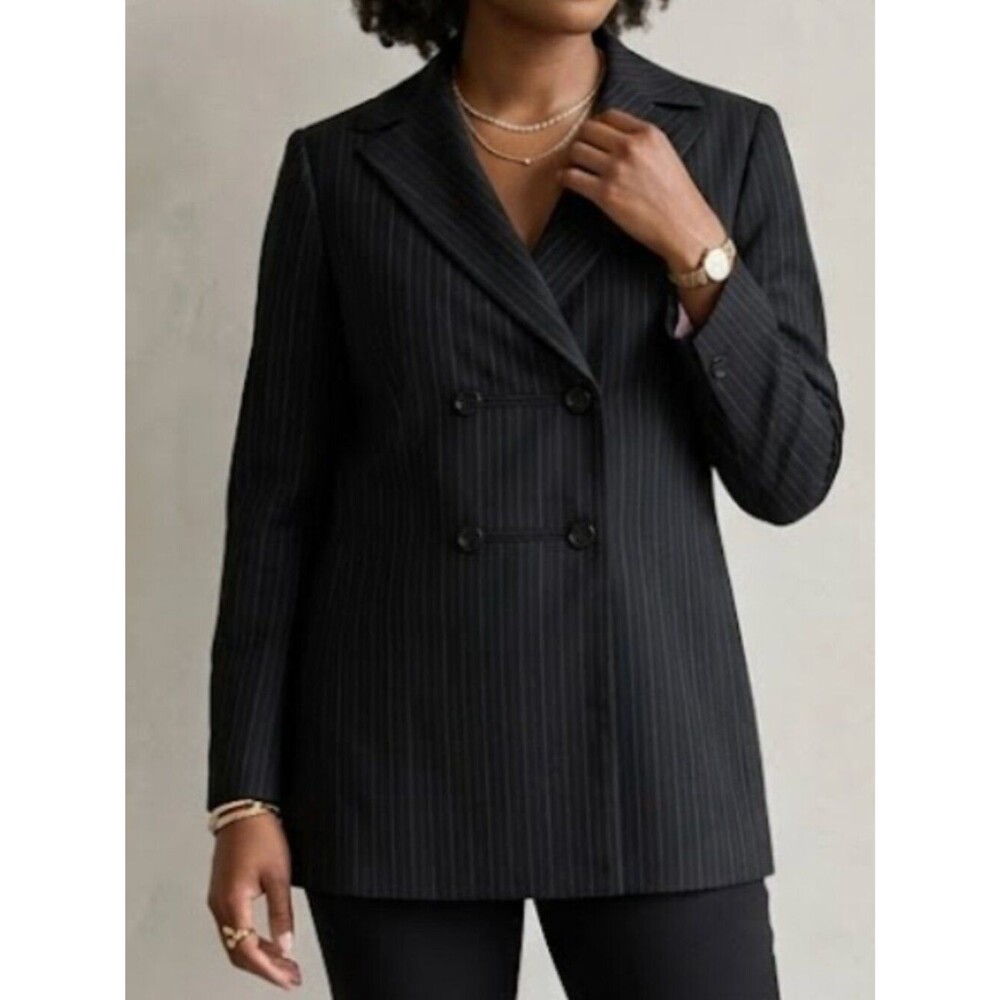 Tahari Black Pinstripe Wool Double Breasted Boxy Blazer Jacket Size 10